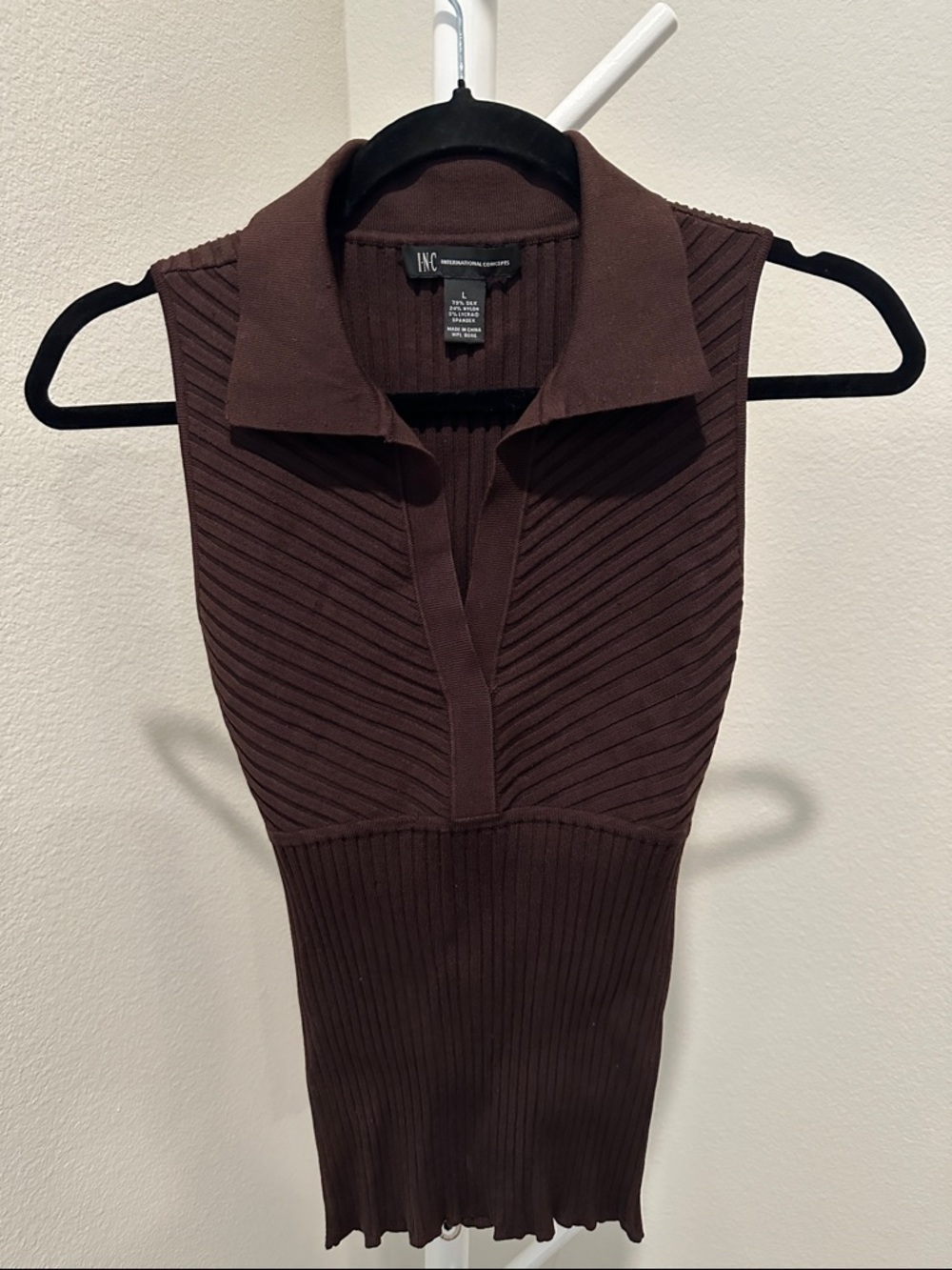 INC International Concepts Chocolate Brown Ribbed Sleeveless Polo Tank